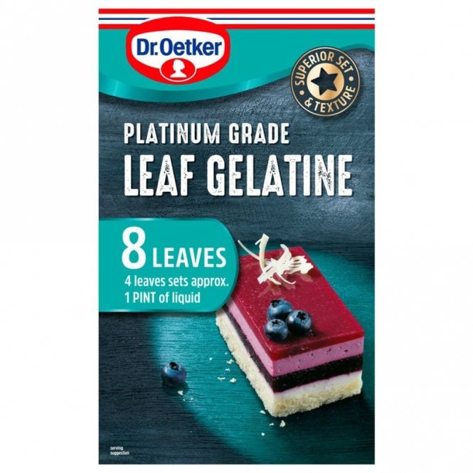 Dr. Oetker Platinum Grade Leaf Gelatine 13g. Perfect for jellies, marshmallows, terrines and more.