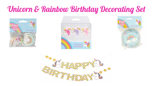 Unicorn and Rainbow Birthday Decorating Set 4pc. Cake Cupcake Cases Candles Pics Party Set Pack Decorations Banner.