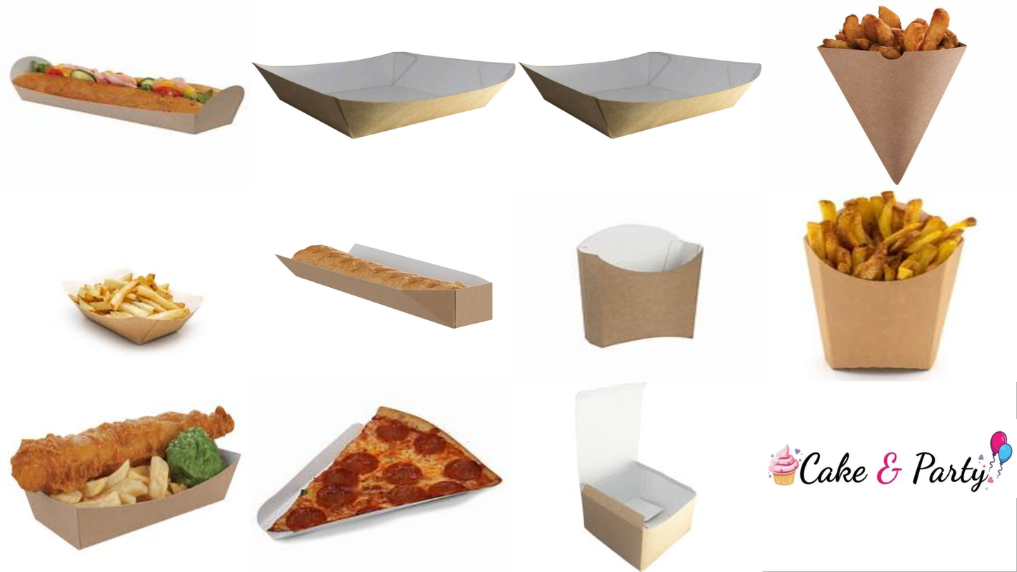 50Pk or 100pk Kraft Brown Disposable Cardboard Food Trays Holders Packaging Takeaway BBQ Festival Food Holders Tray Cone Scoop Box Cake Hot Dog Pizza Burger Chips Fries Fish Crepe Baguette Doughnut Churros. 11 Designs to Choose From…