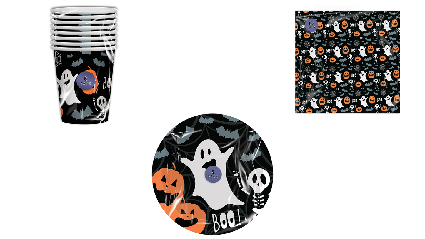 Halloween Party 32Pc Tableware Set Decorations Supplies Kids Ghost Bat Skeleton BOO Plates Napkins Paper Cups