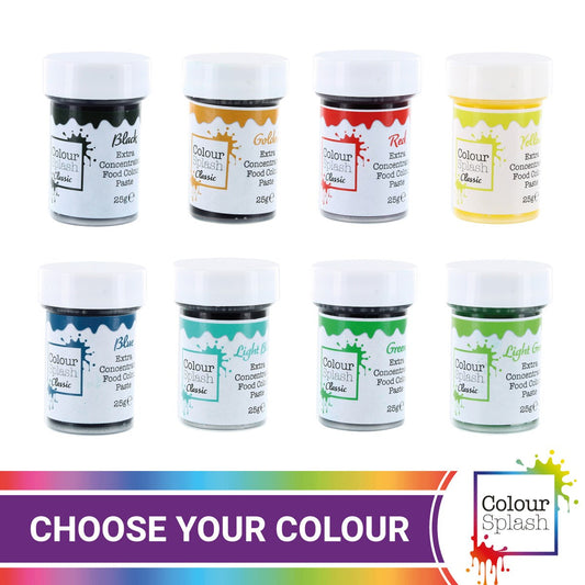 Food Colouring PASTE Icing Cake Extra Concentrated Colour Splash 25g. Available in Red, Yellow, Pink, Green, Light Green, Purple, Lilac, Blue, Light Blue, Black, Gold and Brown