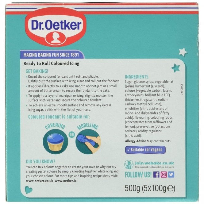 5 Pack Dr. Oetker Multicolour Ready To Roll Fondant Icing 5 x 100g. Green, Blue, Red, Black & Yellow