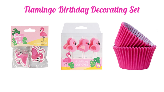 Flamingo Birthday Decorating Set 3pc. Cake Cupcake Cases Candles Pics Party Set Pack Decorations.