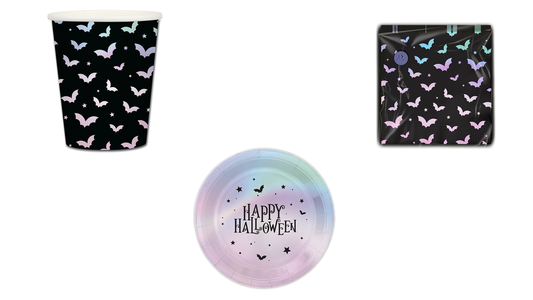 Happy Halloween Holographic Party 60Pc Tableware Set Decorations Supplies Bat Stars Plates Napkins Paper Cups