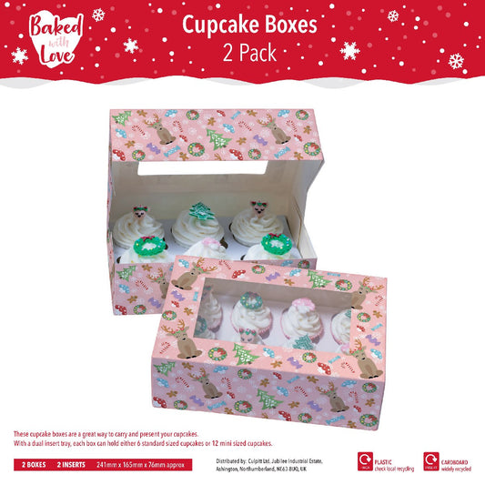 Holds 6/12 Christmas Cupcake Box Magical Woodland Window Cake Box 2 Pack