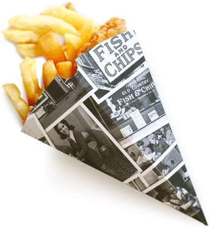 50 x Newspaper Design Chip Cones/Holders. Recyclable. Disposable. Food Safe. Fun Design, Grey