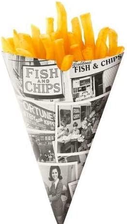 50 x Newspaper Design Chip Cones/Holders. Recyclable. Disposable. Food Safe. Fun Design, Grey