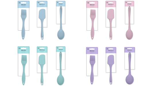 Silicone Baking Cooking Utensils Tools 3pc Set: Spoon, Spatula and Pastry Brush. 4 Pastel Colours To Choose From