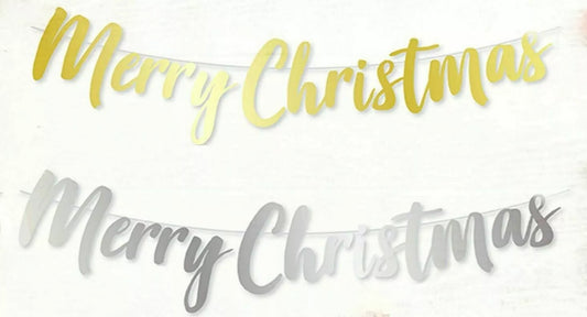 Merry Christmas TYPOGRAPHY Banner Bunting Garland Hanging XMAS Party Decoration. Choose Gold or Silver.