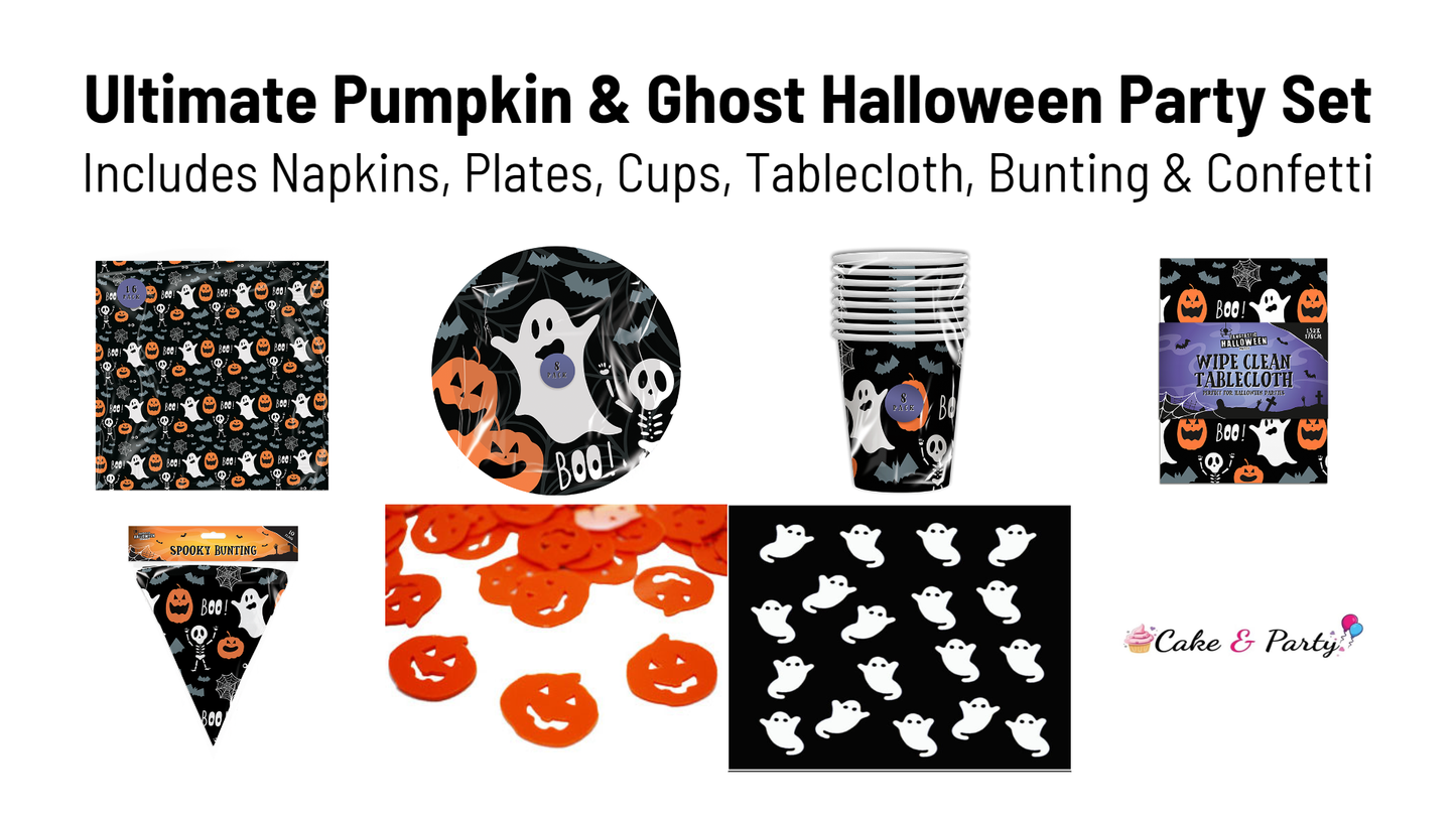 Ultimate 7pc Halloween Party Set Pumpkin & Ghost Supply Kit Decoration Tableware