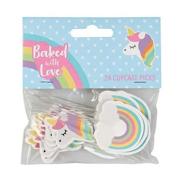 Unicorn and Rainbow Birthday Decorating Set 4pc. Cake Cupcake Cases Candles Pics Party Set Pack Decorations Banner.